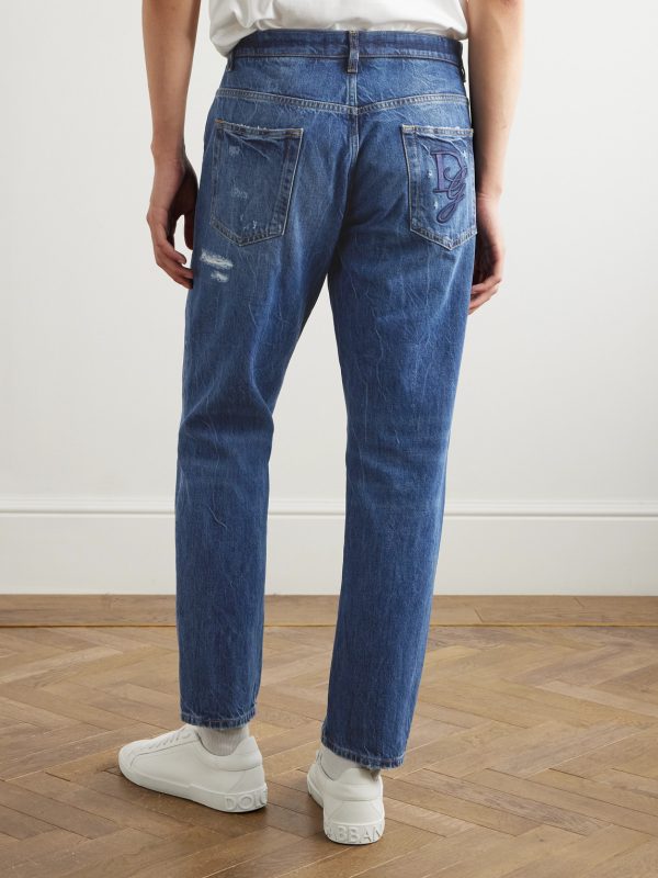Slim-Fit Tapered Logo-Embroidered Distressed Jeans - BK Slim-Fit Tapered Logo-Embroidered Distressed Jeans - BK