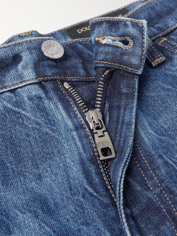 Slim-Fit Tapered Logo-Embroidered Distressed Jeans - E1 Slim-Fit Tapered Logo-Embroidered Distressed Jeans - E1