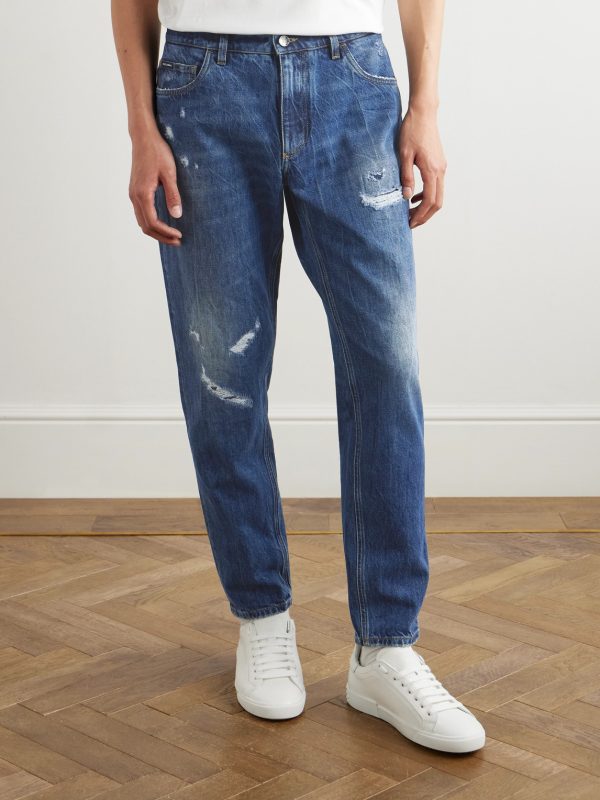 Slim-Fit Tapered Logo-Embroidered Distressed Jeans - FR Slim-Fit Tapered Logo-Embroidered Distressed Jeans - FR