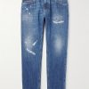 Slim-Fit Tapered Logo-Embroidered Distressed Jeans Slim-Fit Tapered Logo-Embroidered Distressed Jeans