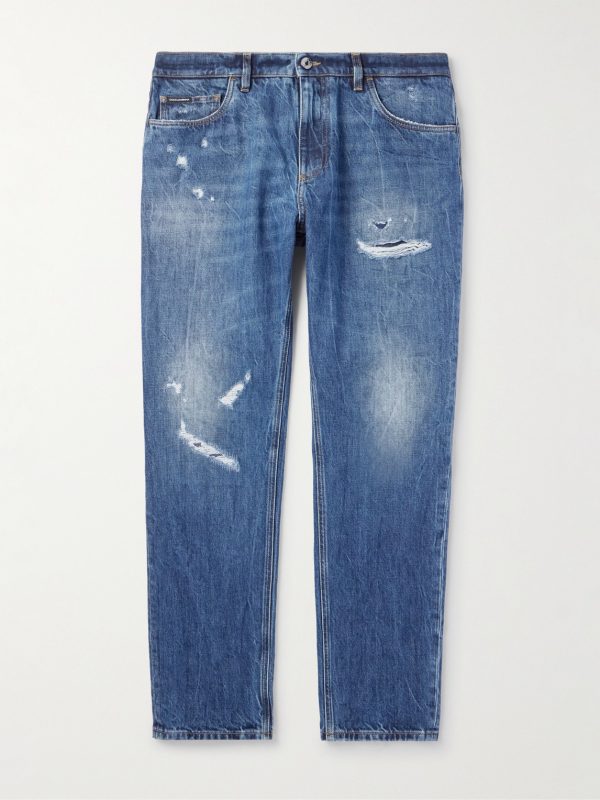 Slim-Fit Tapered Logo-Embroidered Distressed Jeans Slim-Fit Tapered Logo-Embroidered Distressed Jeans