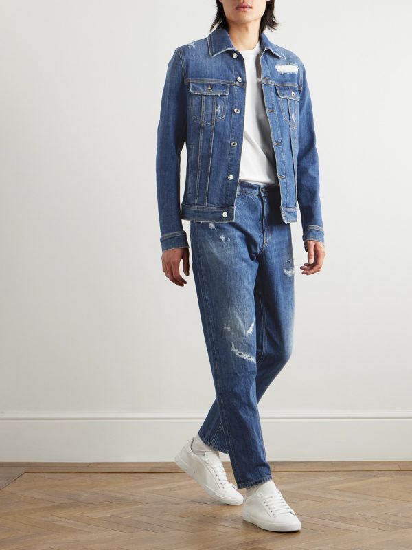Slim-Fit Tapered Logo-Embroidered Distressed Jeans - OU Slim-Fit Tapered Logo-Embroidered Distressed Jeans - OU