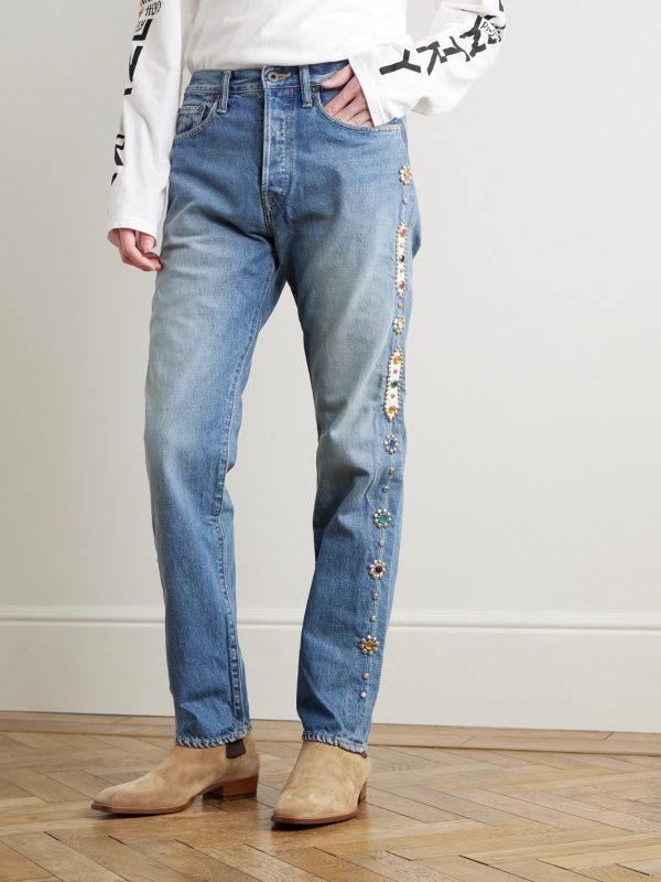 Monkey Cisco Straight-Leg Leather-Trimmed Embellished Jeans - FR Monkey Cisco Straight-Leg Leather-Trimmed Embellished Jeans - FR