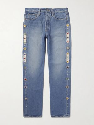 Monkey Cisco Straight-Leg Leather-Trimmed Embellished Jeans Monkey Cisco Straight-Leg Leather-Trimmed Embellished Jeans