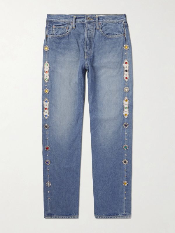 Monkey Cisco Straight-Leg Leather-Trimmed Embellished Jeans Monkey Cisco Straight-Leg Leather-Trimmed Embellished Jeans