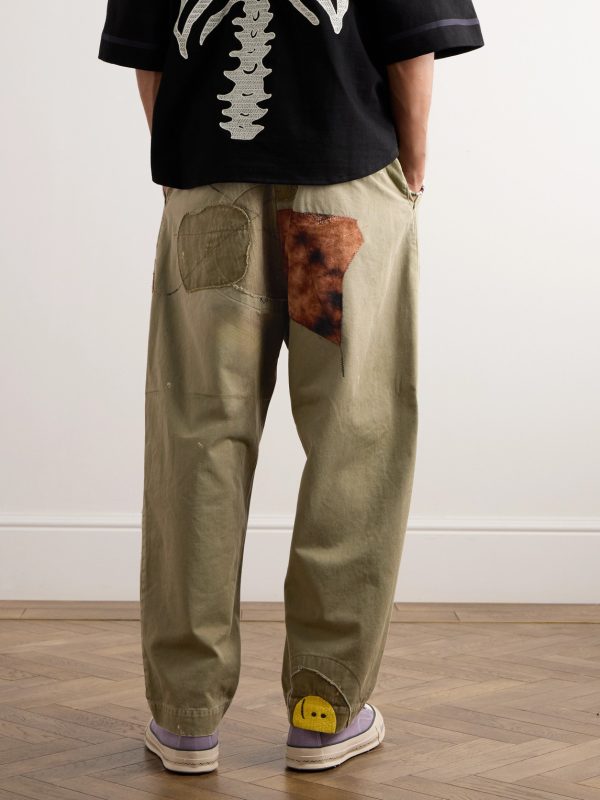 Katsuragi Tapered Appliquéd Distressed Cotton-Twill Trousers - BK Katsuragi Tapered Appliquéd Distressed Cotton-Twill Trousers - BK