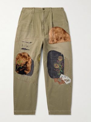 Katsuragi Tapered Appliquéd Distressed Cotton-Twill Trousers Katsuragi Tapered Appliquéd Distressed Cotton-Twill Trousers
