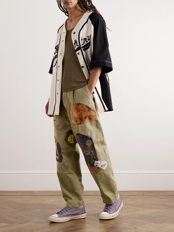 Katsuragi Tapered Appliquéd Distressed Cotton-Twill Trousers - OU Katsuragi Tapered Appliquéd Distressed Cotton-Twill Trousers - OU