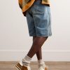 Straight-Leg Leather-Trimmed Embellished Denim Shorts - BK