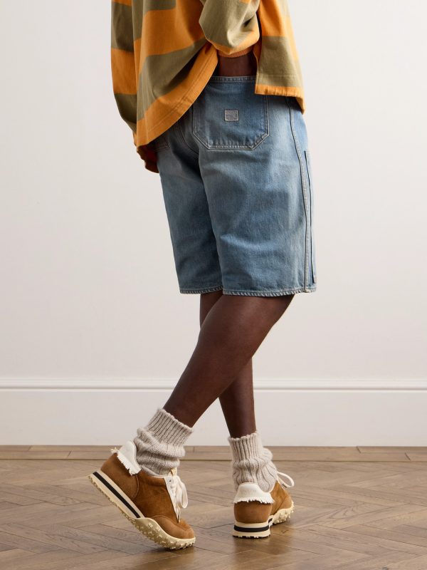 Straight-Leg Leather-Trimmed Embellished Denim Shorts - BK