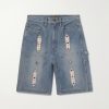 Straight-Leg Leather-Trimmed Embellished Denim Shorts