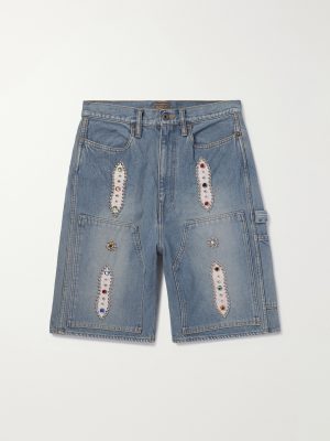 Straight-Leg Leather-Trimmed Embellished Denim Shorts Straight-Leg Leather-Trimmed Embellished Denim Shorts