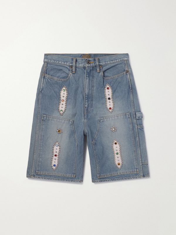 Straight-Leg Leather-Trimmed Embellished Denim Shorts