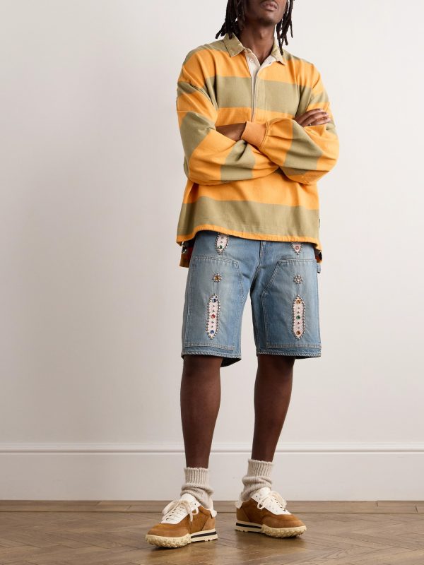 Straight-Leg Leather-Trimmed Embellished Denim Shorts - OU