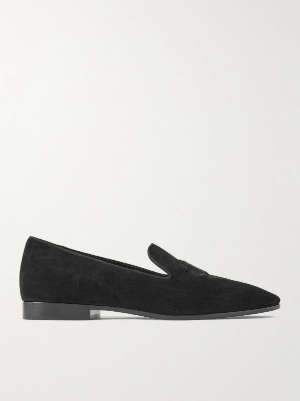 Logo-Embroidered Grosgrain-Trimmed Suede Loafers