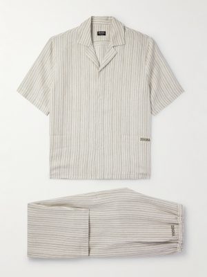 Logo-Embroidered Striped Linen Pyjama Set