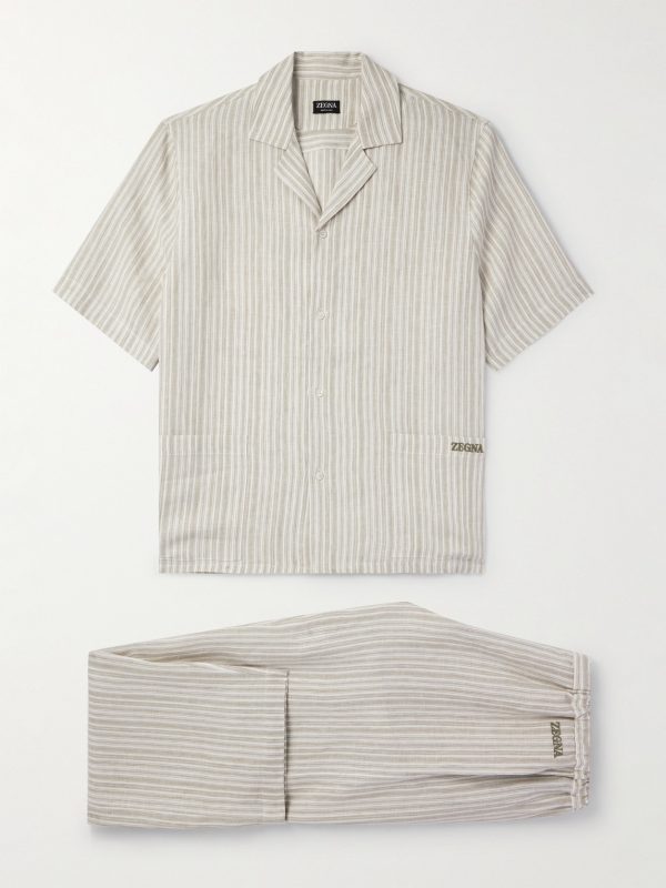 Logo-Embroidered Striped Linen Pyjama Set