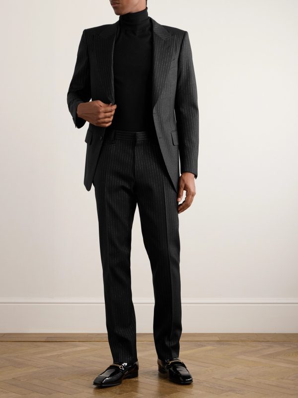 Dyylan Tapered Pinstriped Metallic Wool-Blend Twill Trousers - OU Dyylan Tapered Pinstriped Metallic Wool-Blend Twill Trousers - OU