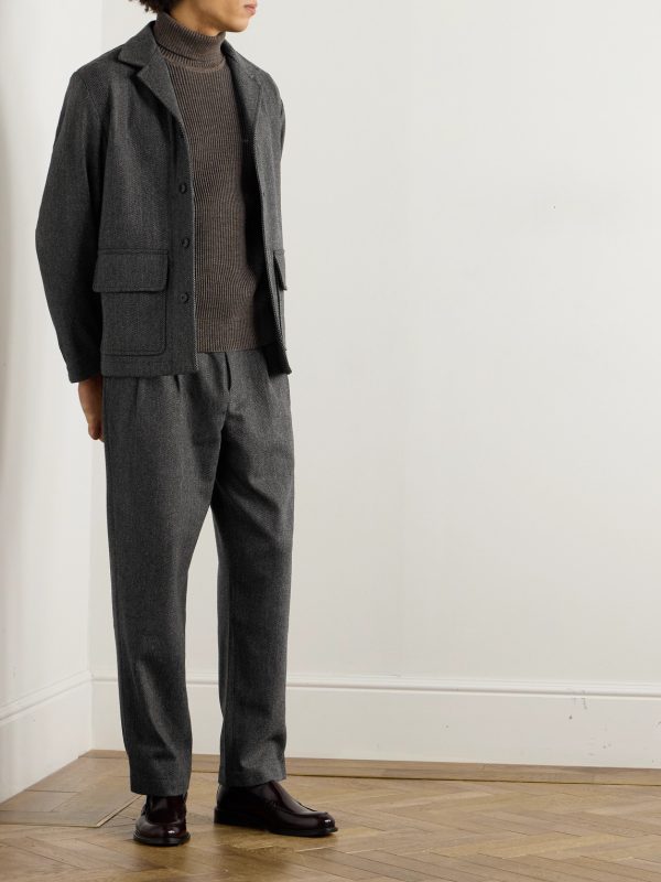 Traveler Straight-Leg Pleated Herringbone Wool and Cashmere-Blend Trousers - OU Traveler Straight-Leg Pleated Herringbone Wool and Cashmere-Blend Trousers - OU