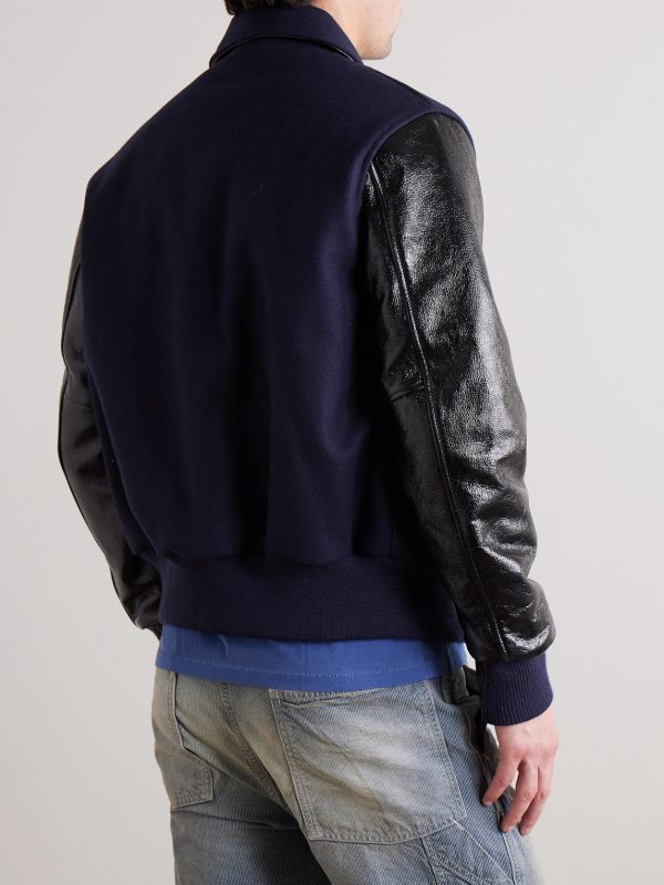 Padded Wool-Blend Felt and Cracked Glossed-Leather Varsity Jacket - BK