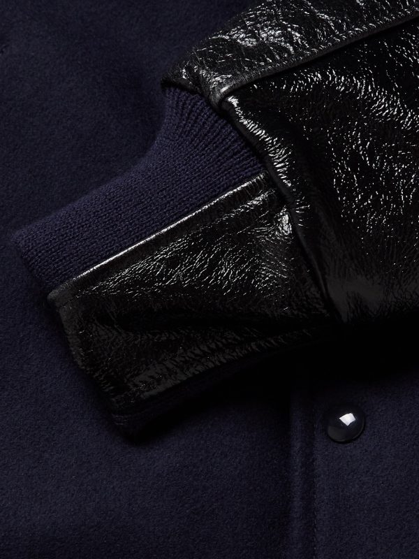 Padded Wool-Blend Felt and Cracked Glossed-Leather Varsity Jacket - E1
