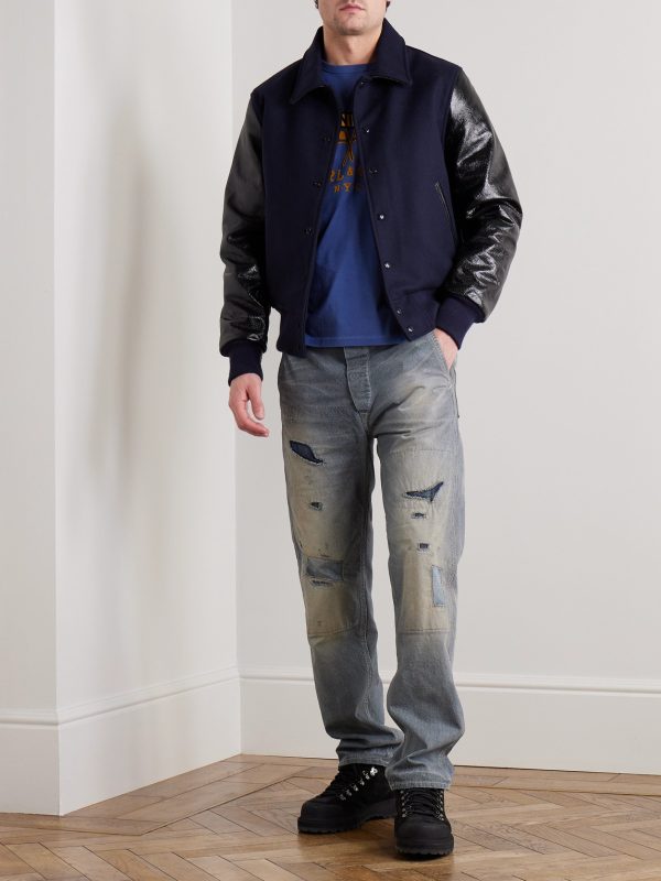 Padded Wool-Blend Felt and Cracked Glossed-Leather Varsity Jacket - OU