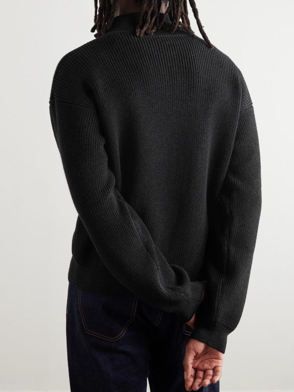 Logo-Embroidered Ribbed Wool Half-Zip Sweater - BK Logo-Embroidered Ribbed Wool Half-Zip Sweater - BK