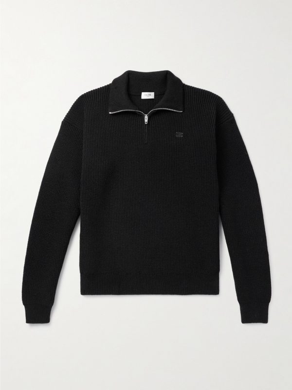 Logo-Embroidered Ribbed Wool Half-Zip Sweater Logo-Embroidered Ribbed Wool Half-Zip Sweater