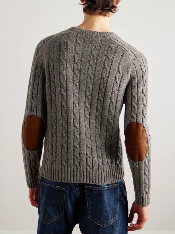 Logo-Embroidered Suede-Trimmed Cable-Knit Cashmere Sweater - BK Logo-Embroidered Suede-Trimmed Cable-Knit Cashmere Sweater - BK
