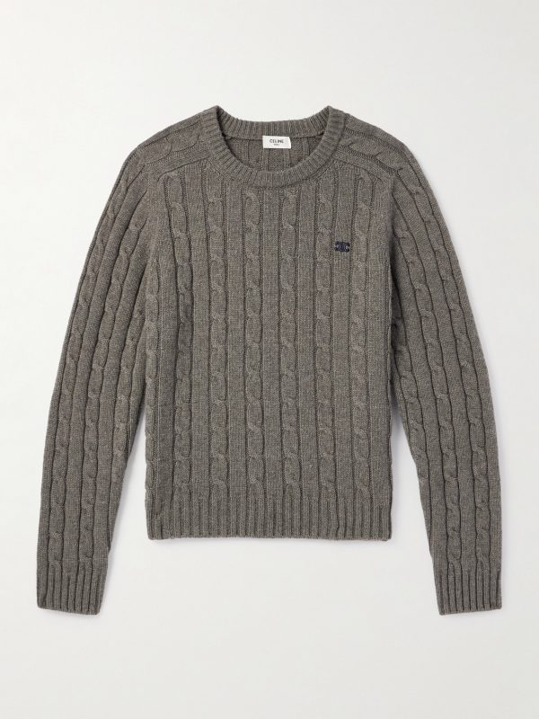 Logo-Embroidered Suede-Trimmed Cable-Knit Cashmere Sweater Logo-Embroidered Suede-Trimmed Cable-Knit Cashmere Sweater