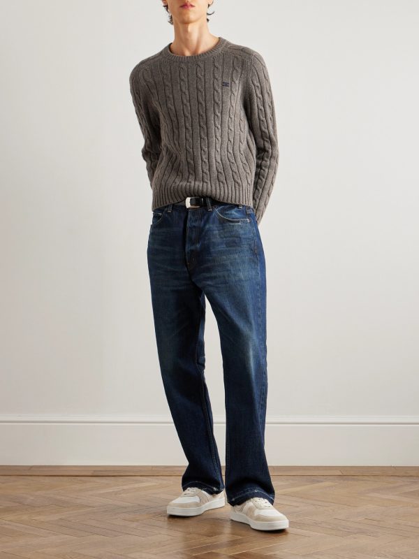 Logo-Embroidered Suede-Trimmed Cable-Knit Cashmere Sweater - OU Logo-Embroidered Suede-Trimmed Cable-Knit Cashmere Sweater - OU