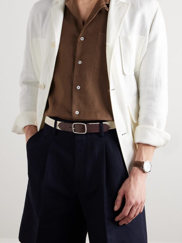 3cm Leather-Trimmed Woven Cotton Belt - FR 3cm Leather-Trimmed Woven Cotton Belt - FR