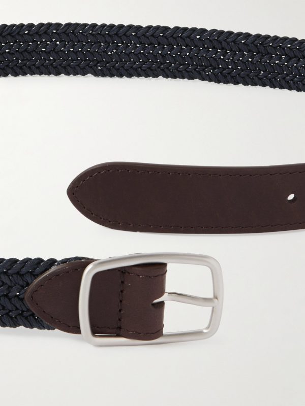 3cm Leather-Trimmed Woven Cotton Belt - E1