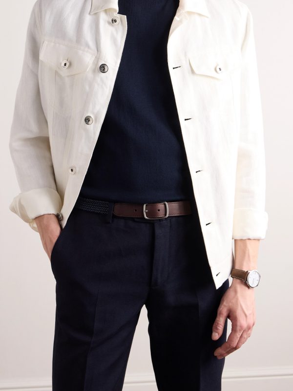 3cm Leather-Trimmed Woven Cotton Belt - FR