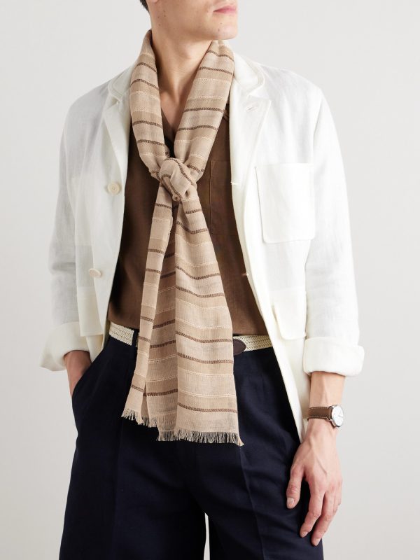 Nakaumi Frayed Striped Silk, Linen and Cotton-Blend Scarf - OU