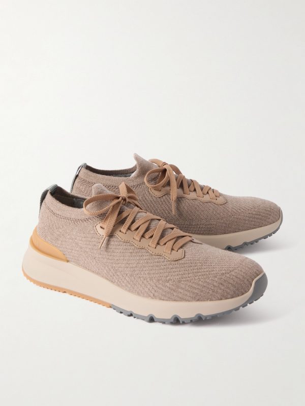 Leather-Trimmed Stretch-Knit Sneakers - FR Leather-Trimmed Stretch-Knit Sneakers - FR