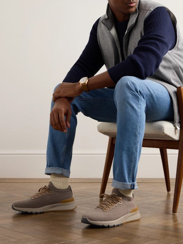 Leather-Trimmed Stretch-Knit Sneakers - OU Leather-Trimmed Stretch-Knit Sneakers - OU