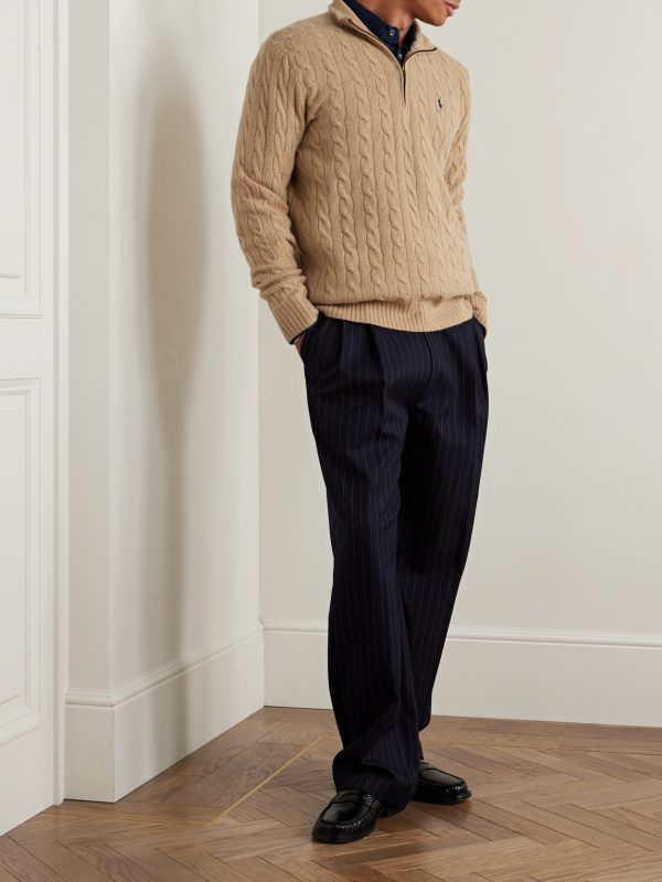 Logo-Embroidered Cable-Knit Wool and Cashmere-Blend Half-Zip Sweater - OU Logo-Embroidered Cable-Knit Wool and Cashmere-Blend Half-Zip Sweater - OU