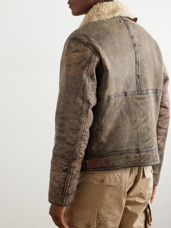 Distressed Shearling Bomber Jacket - BK Distressed Shearling Bomber Jacket - BK