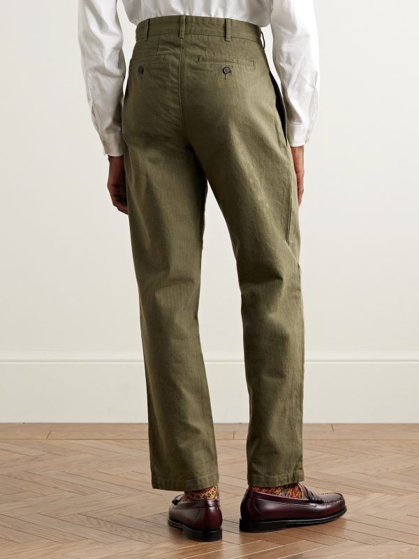 Straight-Leg Pleated Herringbone Cotton Trousers - BK