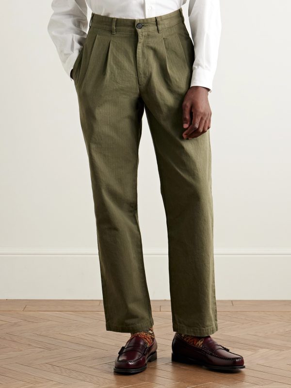 Straight-Leg Pleated Herringbone Cotton Trousers - FR