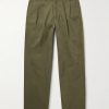Straight-Leg Pleated Herringbone Cotton Trousers