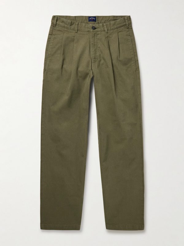 Straight-Leg Pleated Herringbone Cotton Trousers