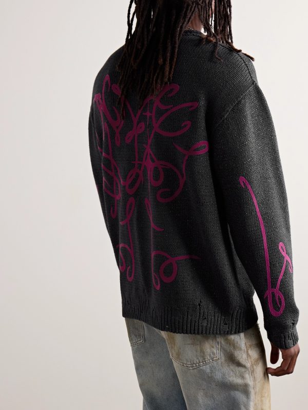 Kawii Cyber Logo-Flocked Distressed Metallic Cotton-Blend Sweater - BK Kawii Cyber Logo-Flocked Distressed Metallic Cotton-Blend Sweater - BK