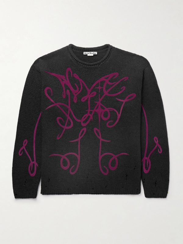 Kawii Cyber Logo-Flocked Distressed Metallic Cotton-Blend Sweater Kawii Cyber Logo-Flocked Distressed Metallic Cotton-Blend Sweater