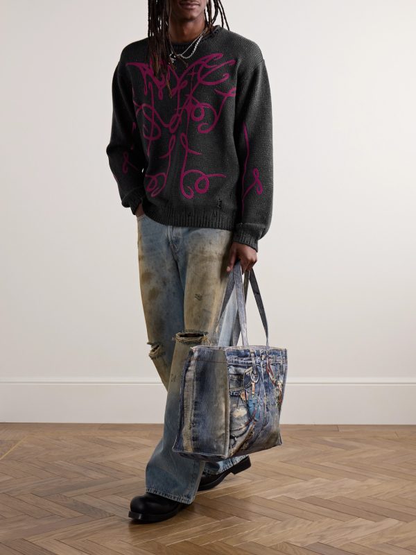 Kawii Cyber Logo-Flocked Distressed Metallic Cotton-Blend Sweater - OU Kawii Cyber Logo-Flocked Distressed Metallic Cotton-Blend Sweater - OU