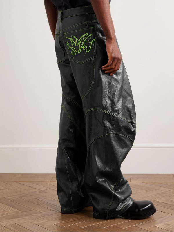 Lorgata Wide-Leg Panelled Logo-Embroidered Leather Trousers - BK