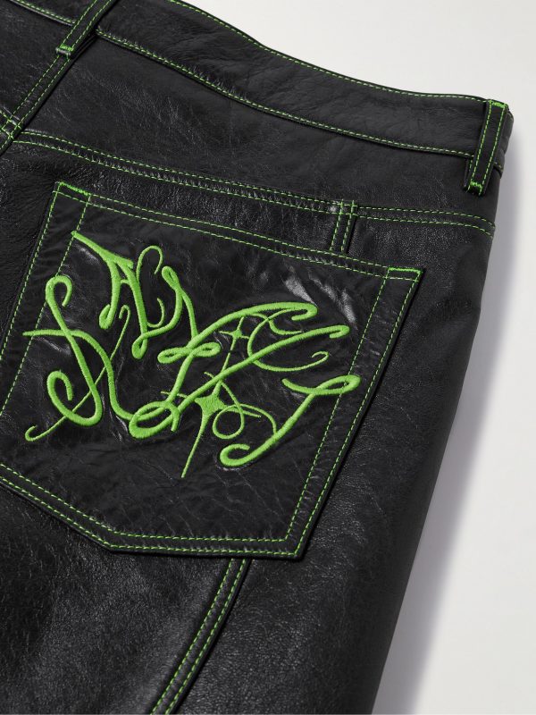 Lorgata Wide-Leg Panelled Logo-Embroidered Leather Trousers - CU