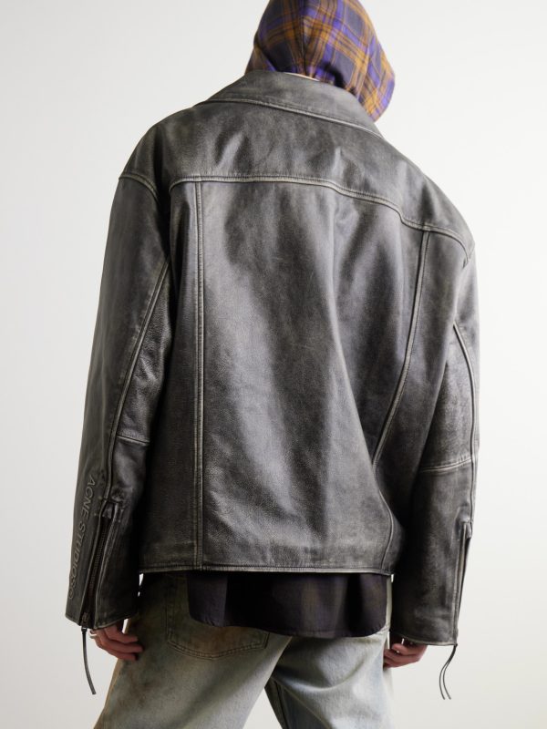 Logo-Embossed Leather Biker Jacket - BK Logo-Embossed Leather Biker Jacket - BK