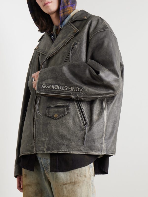Logo-Embossed Leather Biker Jacket - FR Logo-Embossed Leather Biker Jacket - FR